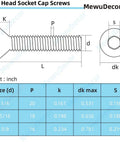 Diagram of Heavy Duty 3/8-16 Inch Flat Head Socket Cap Screws Set, 1 Inch Long, illustrating dimensions and specifications.