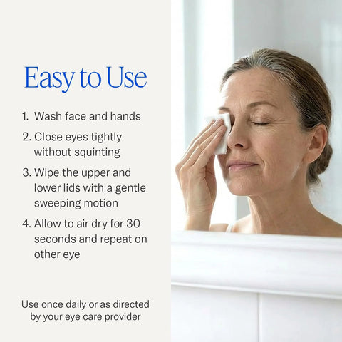 Cliradex Towelettes eyelid/eyelash cleanser infographic showing a woman wiping her eyelid.