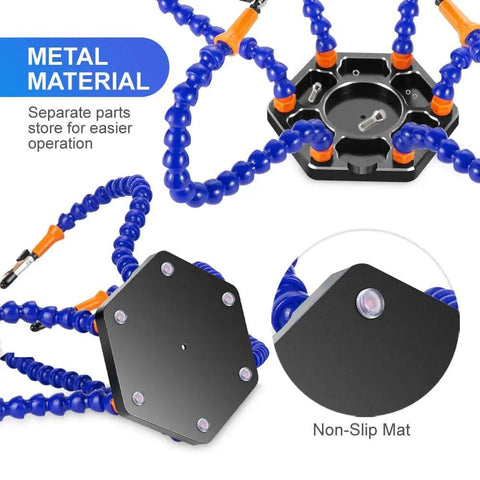 Six Arm Soldering Station With Flexible Gooseneck Arms And Aluminum Base For Pro Grade Soldering shown with non-slip mat