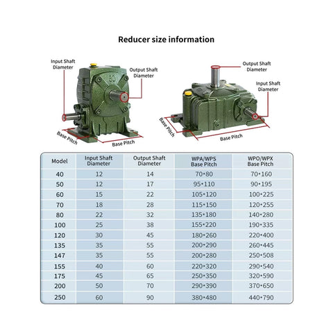 Heavy Duty Gearbox Worm Gear Reducer With Iron Shell And Time Delay For High Torque In Small Motors And Transmission Gears Reduction Box Tough As Nails Industrial Grade 60-1 WPA40 size details with measurements.