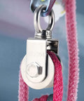 Beefy 304 Stainless Steel V Shaped Pulley For Wire Rope Crane Traction, 350 Kg Load, fixed wheel with pink rope, close-up view