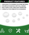 Japtend 75Pc Assortment Kit Features Eight Different Sizes Of White Silicone Rubber Plugs For Round Hole Gaps And Pipes In Kitchens, Bathrooms, Furniture Projects And Home Repairs To Seal Openings Fast. white silicone hole plugs in multiple sizes, top view