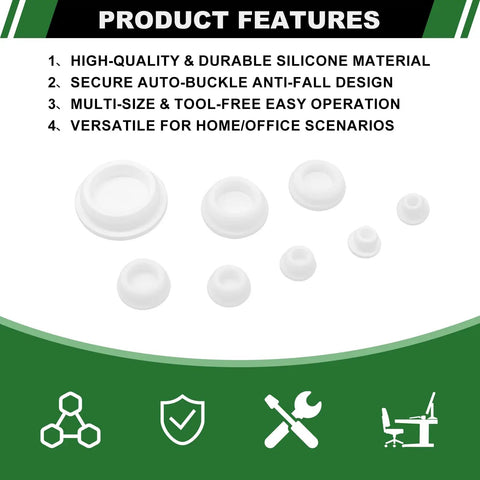 Japtend 75Pc Assortment Kit Features Eight Different Sizes Of White Silicone Rubber Plugs For Round Hole Gaps And Pipes In Kitchens, Bathrooms, Furniture Projects And Home Repairs To Seal Openings Fast. white silicone hole plugs in multiple sizes, top view