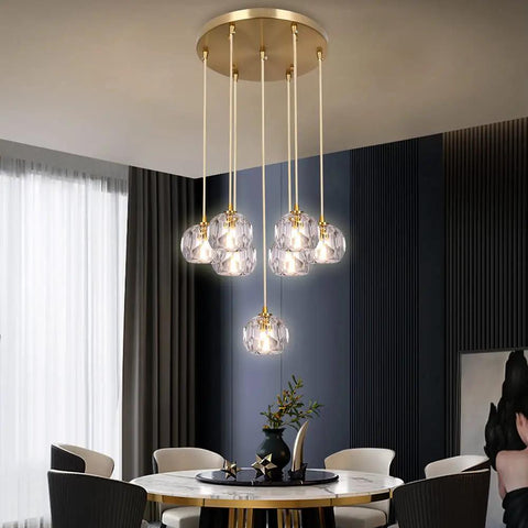 Sleek Modern Crystal Pendant Light With Seven LED Crystals, Adjustable Brass Plating Frame, K9 Crystal Ball Chandeliers in dining room