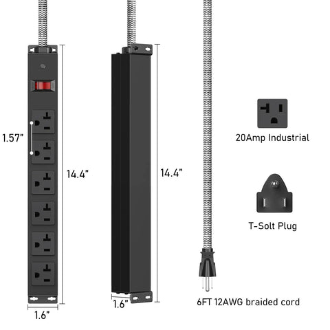 Heavy Duty Power Strip With 20 Amp Surge Protector 1200J, wall mountable with 12 gauge extension cord and industrial outlets