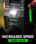 Close-up of 24V Brushless Cordless One Half Inch Drill Driver Kit with Turbo Mode activated, showing speed increase indicator.