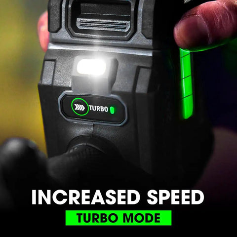 Close-up of 24V Brushless Cordless One Half Inch Drill Driver Kit with Turbo Mode activated, showing speed increase indicator.