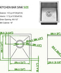 Heavy Duty 16 Gauge Stainless Steel Undermount Bar Sink 13 Inch By 15 Inch Exterior, specs illustration with dimensions