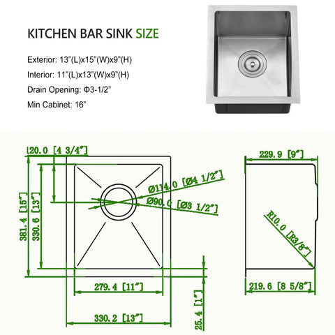 Heavy Duty 16 Gauge Stainless Steel Undermount Bar Sink 13 Inch By 15 Inch Exterior, specs illustration with dimensions