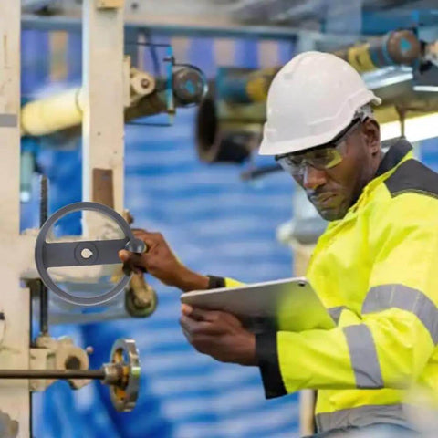 Technician using Beefy Durable Insulated Plastic Hand Wheel With Revolving Handle on machine, wearing safety gear in workshop.