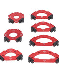 Killer DIY Router Radius Jig Set, seven red aluminum templates for rounded edge builds, varying size curves for precision trimming.