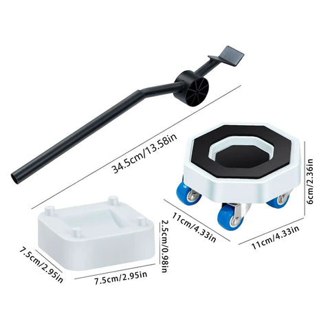Heavy Duty Furniture Mover Set With Wheels To Slide Couches, Fridges, And Washing Machines Effortlessly Across Wood Floors And Carpets For Any Tough Moving Job Without A Struggle, showing a mover with wheels and accessories.
