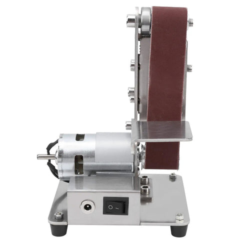 Multifunctional Mini Electric Belt Sander With 9000Rpm Brushless Motor Perfect For Home DIY Projects Metal Polish Grinding And Deburrin Includes 30X330Mm Sandbelt Adjustable Eccentric Dial For Precision Finish, side view.
