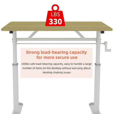 Heavy Duty Height Adjustable Standing Desk Featuring Smooth Manual Crank Ergonomic Wood Surface zero power workstation with strong 330lbs load capacity.