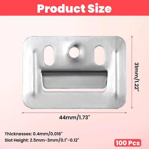 100 Pack Premium Heavy Duty Stainless Steel Z Clips For Seamless Wall Panel Mounting And Dead Tight Flush Installation Rock Solid Reinforced Brackets Quick Snap DIY Hardware size 44mm x 31mm with screw slots.