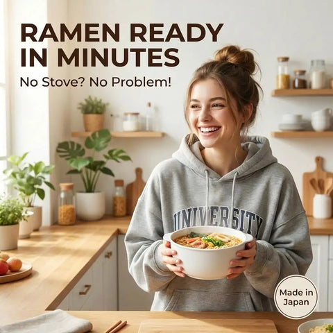 Woman in kitchen holding Microwave Ramen Cooker Bowl 50 Oz Capacity No Pot Needed With Lid Easy Noodles Maker Made In Japan