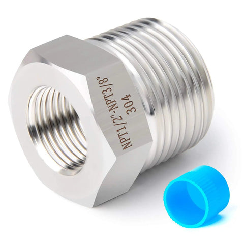 Five Pack Beefy Heavy Duty Forged 304 Stainless Steel Reducer Hex Bushing From Half Inch Male NPT To Three Eighths Inch Female NPT Industrial Pipe Fitting Adapters With Protective Case, 1/2 to 3/8 NPT
