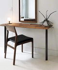30 Inch Adjustable Metal Desk Legs Set Of 4 used in DIY wooden desk with black round legs and simple chair against white wall.