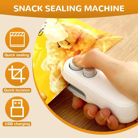 Person using 2 In 1 Rechargeable Bag Sealer With Cutter And Magnet on a snack bag, demonstrating quick sealing, white device