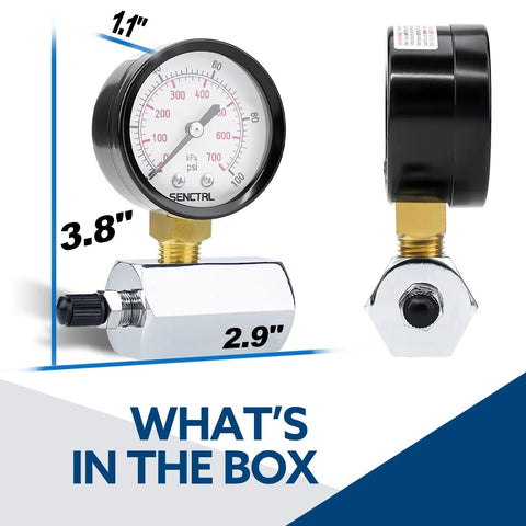 Front view of SENCTRL 0–100 psi gas pressure test gauge, 2" dial, brass valve, chrome-plated steel body with 3/4 in FNPT.