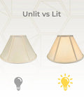 Empire Basic Lamp Shade 7x20x12.5 Beige With Silk Type Shantung Fabric And Softback Linen Lining, shown unlit vs lit