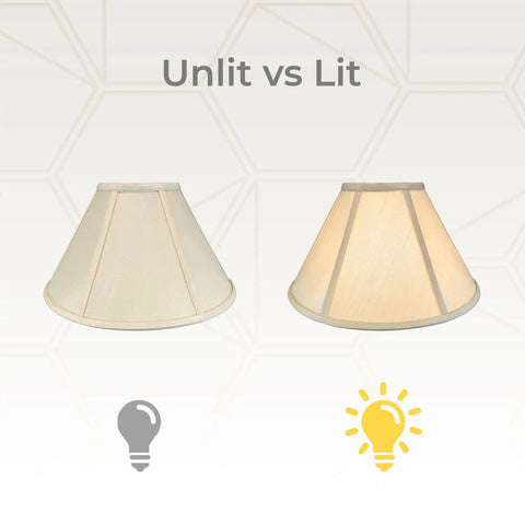 Empire Basic Lamp Shade 7x20x12.5 Beige With Silk Type Shantung Fabric And Softback Linen Lining, shown unlit vs lit