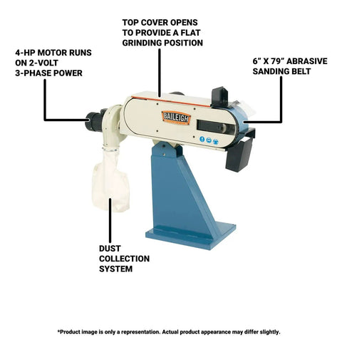 Knockout Performance 6 By 79 Inch Belt Grinder with 4 HP motor and dust collection system for metalwork precision.