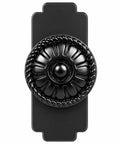 Four Pack Matte Black Cabinet Knobs With Sleek Backplates Showcasing Vintage Floral Petal Details and Braided Rope Accents.