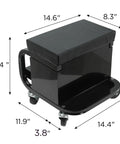 Heavy Duty Rolling Tool Box With Three Built In Drawers Paired With Comfy Mechanic Stool Rock Solid Steel Frame Slick Ball Bearing Rollers dimensions and design.