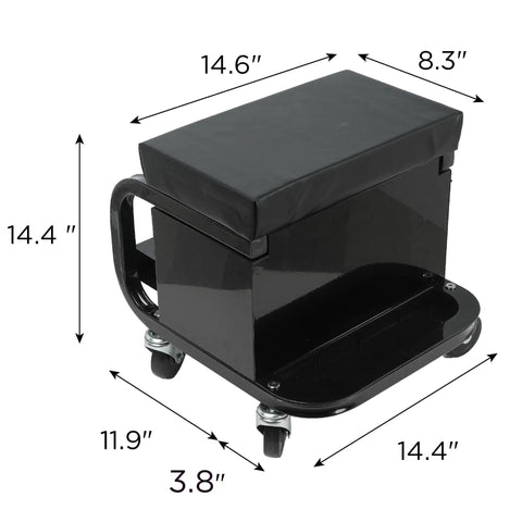 Heavy Duty Rolling Tool Box With Three Built In Drawers Paired With Comfy Mechanic Stool Rock Solid Steel Frame Slick Ball Bearing Rollers dimensions and design.