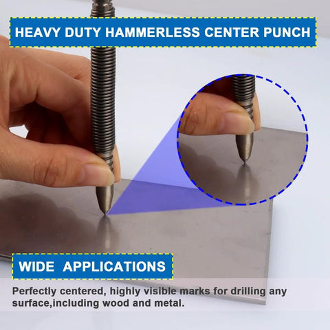 Heavy Duty Spring Nail Set With Heat Treated Steel And Accurate Size Marked Punches That Make Setting Fasteners A Breeze And Removing Hinge Pins A Total Cinch shown in use on a metal surface.