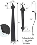 Decorative Rustic Carriage House Hardware Set With Black Steel Hinges And Handles, dimension details and package includes