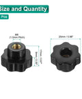 Two Black Straight Up Solid 7 Point Star Knobs M6 Metric Female Thread 25Mm with dimensions shown
