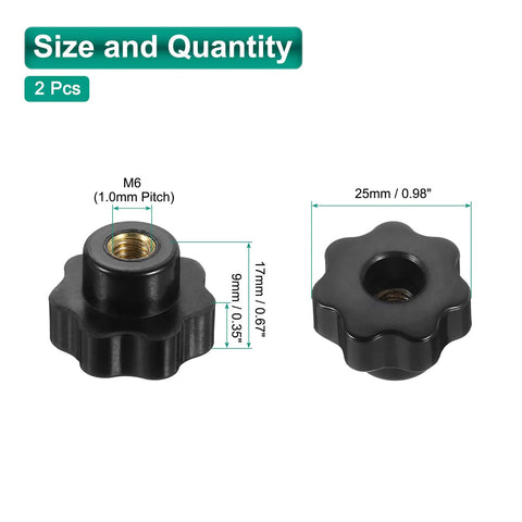 Two Black Straight Up Solid 7 Point Star Knobs M6 Metric Female Thread 25Mm with dimensions shown