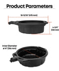2 Gallon Oil Drain Pan With Anti Spill Cap And Wide Lip For Mess Free Oil Changes dimensions shown in side and top view