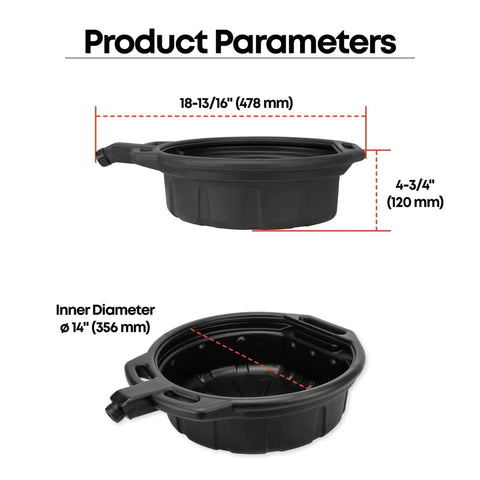 2 Gallon Oil Drain Pan With Anti Spill Cap And Wide Lip For Mess Free Oil Changes dimensions shown in side and top view