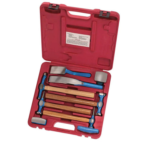 Nine Piece Auto Body Repair Kit With Blue Steel Finish Including Universal Dolly And Toe Dolly For Dents And Panel Repair