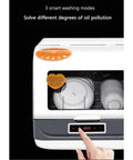 Compact Portable Countertop Dishwasher With Five Liter Capacity Slick For Tiny Kitchens Featuring Three Fast Wash Cycles And No Sweat Air Dry showing control panel and plates inside.