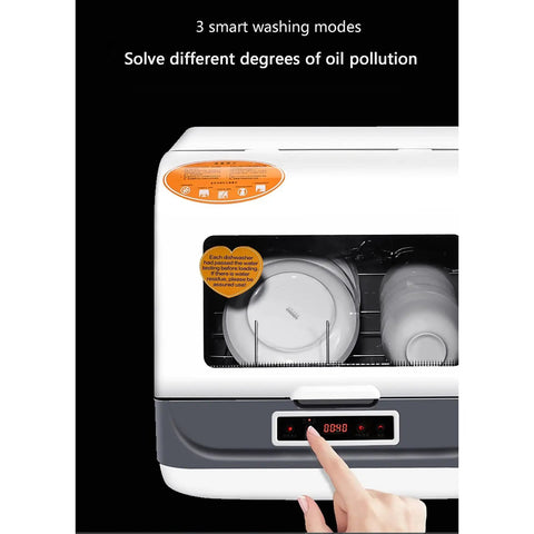 Compact Portable Countertop Dishwasher With Five Liter Capacity Slick For Tiny Kitchens Featuring Three Fast Wash Cycles And No Sweat Air Dry showing control panel and plates inside.
