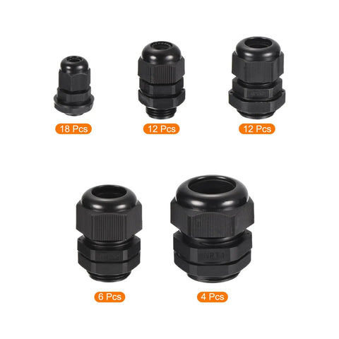 Image showing the 52 Piece All In One Adjustable Cable Gland Kit with Waterproof Nylon Conduit Fittings in multiple sizes