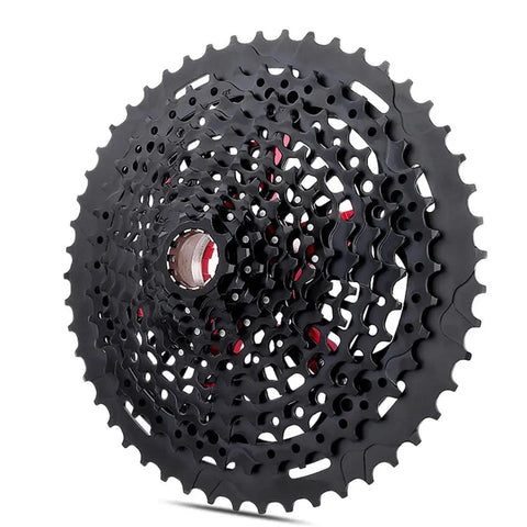 12 Speed Mountain Bike Cassette For SRAM Eagle XD Driver 9 To 50T with black and silver flywheel cogs, angled view.