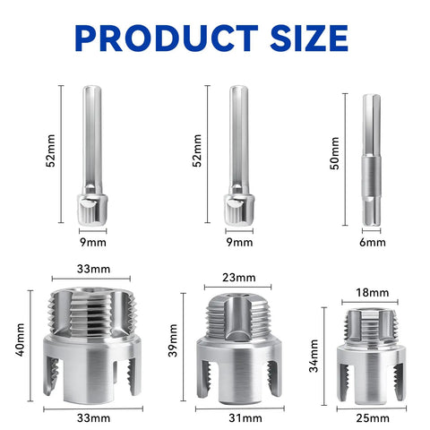 1/2 3/4 1 Inch Pvc Pipe Threader Kit Two Piece Plastic Pipe Threading Tool dimensions with sizes labeled for accurate use.