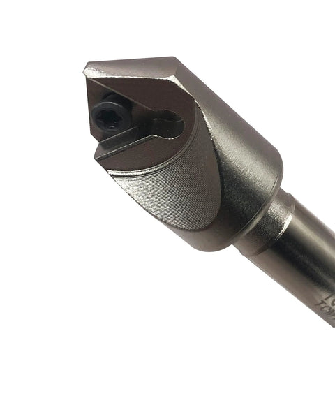 Close-up of chamfering tool holder with 1/2-inch shank (boring bar) in metallic finish