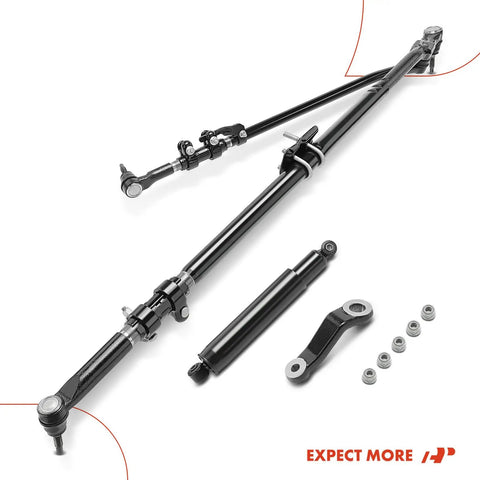 Beefed-Up Heavy Duty Front Steering Linkage Drag Link Tie Rod Kit For Dodge Ram 1500 2006 To 2008 Extended Crew Cab 4WD Ram 2500 2003 To 2010 Ram 3500 2003 To 2010 And Ram 2500 2011 To 2013 4WD steering kit with drag link, tie rod, damper, and hardware