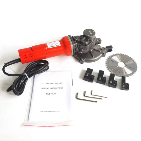 CCTI Electric Cutting Edge Saw RCS-40A Mighty 1100W Rebar Cutter with accessories and manual for heavy duty metal work.