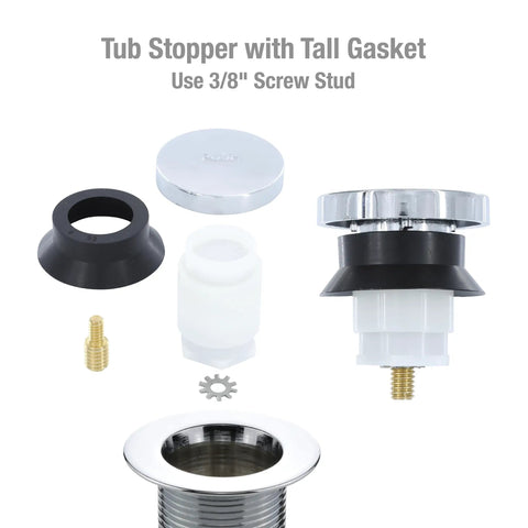Chrome Touch Toe Tub Stopper Fits 2 Inch Cross Arm Drains With Adapters For Five Sixteenths And Three Eighths Inch Thread Sizes Hands Free Press To Close Or Open No Tools Required Bathroom Drain Accessory components shown