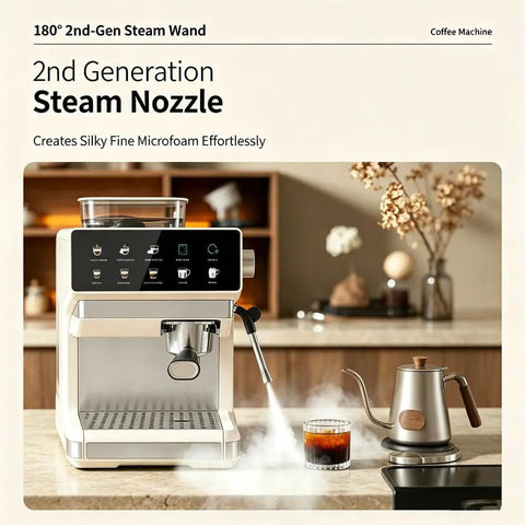 Straight Fire Smart Fully Automatic Espresso Machine Loaded With A Built In Conical Burr Grinder And Twenty Five Precision Settings For Brewing Hot And Cold Brew Coffee Right At Home Daily with steam wand and coffee glass.