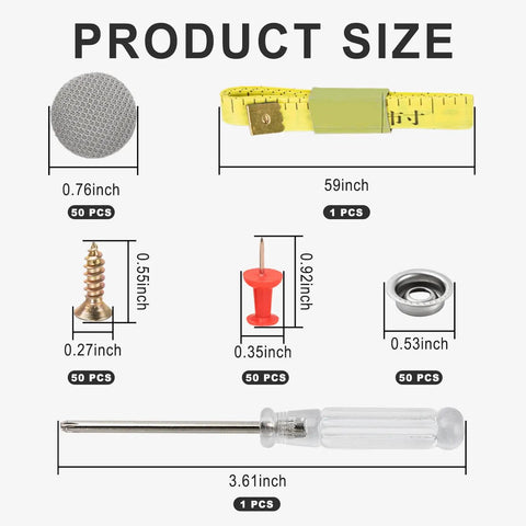 50 Kits Auto Headliner Repair Set With Colorful Push Pins Roof Buckle Buttons And Grid Cloth For Fixing Sagging Car Ceiling Interior Snap Rivets Retainer Kit Tool Inclusion For Quick DIY Garage Fixes, size chart