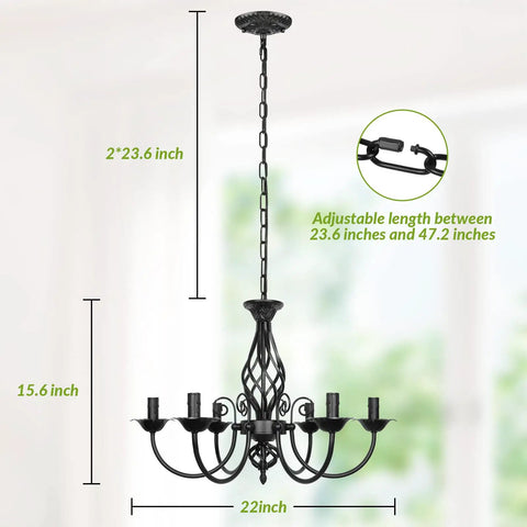 Six Light Farmhouse Candle Chandelier For Living Room And Kitchen, Rustic Industrial Pendant Ceiling Light Fixture dimensions