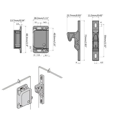 Diagram of Heavy Duty Cabinet Door Latch Catch for Kitchen and Bathroom with measurements